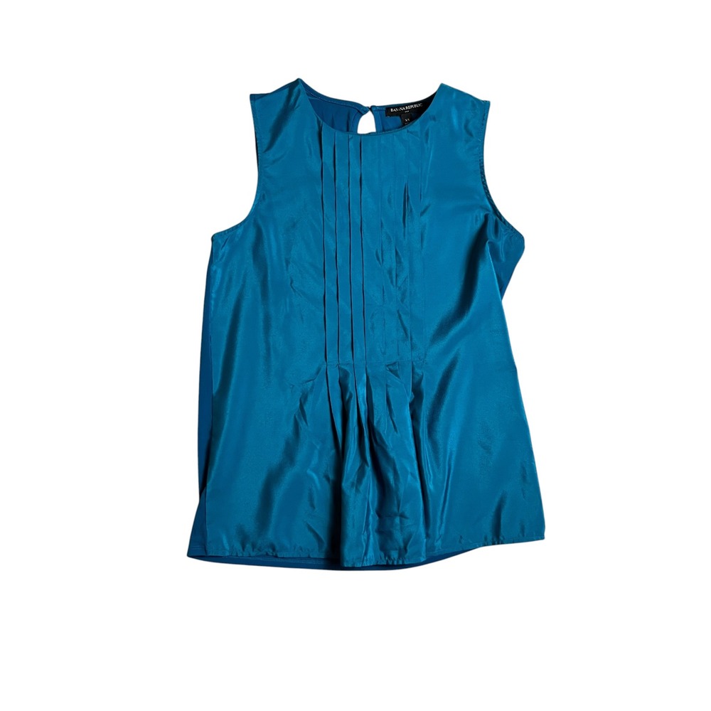 Banana Republic Womens XS Teal Blue Pleated Front Mixed Media Sleeveless Blouse - Picture 2 of 8